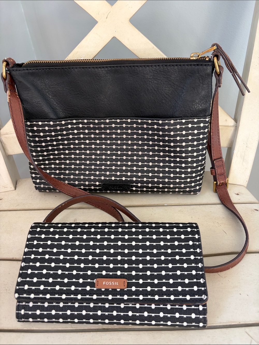 Fossil Black & White Dot-Stripe Crossbody Bag with Matching Wallet